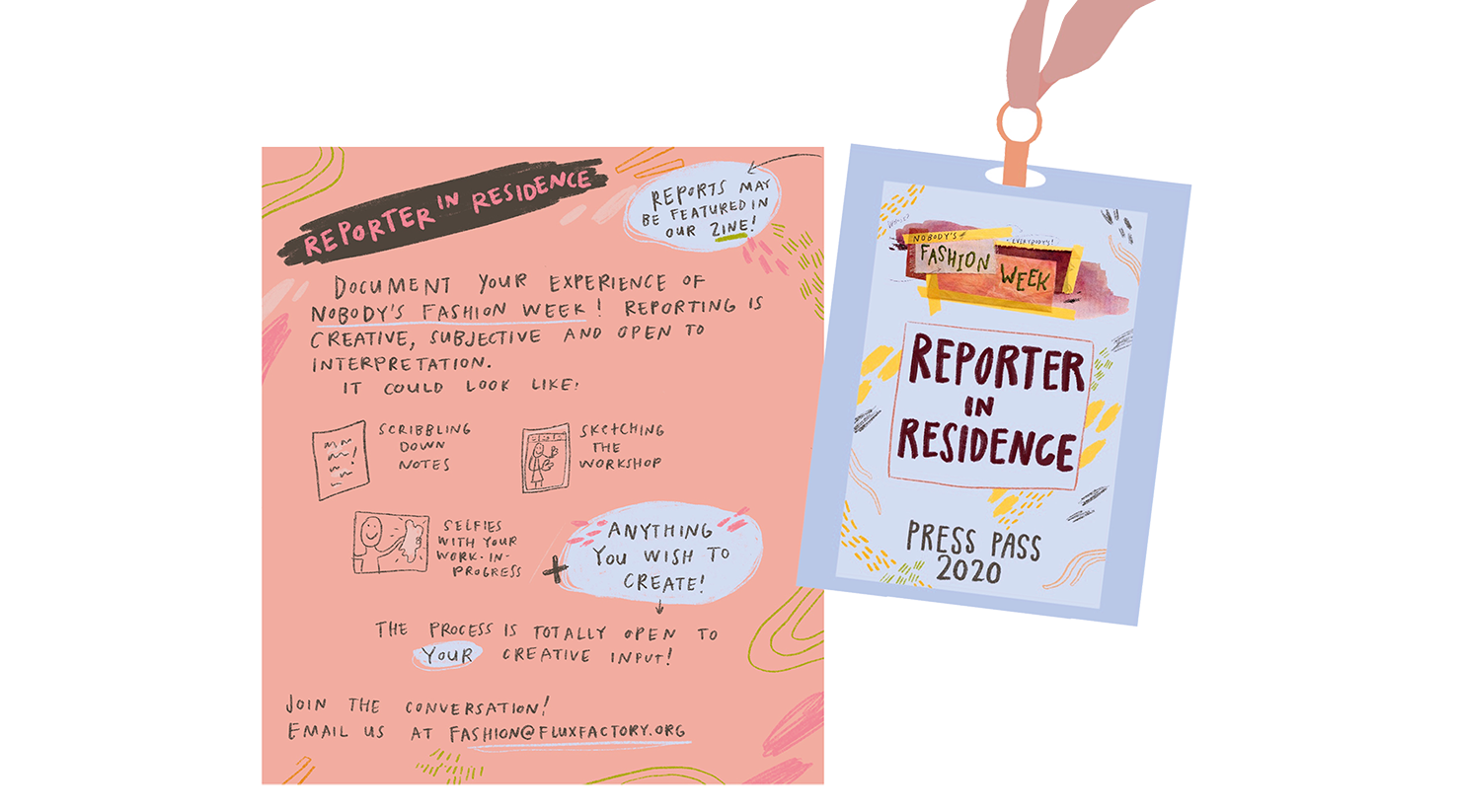 We wanted people to creatively document the show and this is a guideline of how to be a "reporter in residence" of the show and also a press pass I designed.